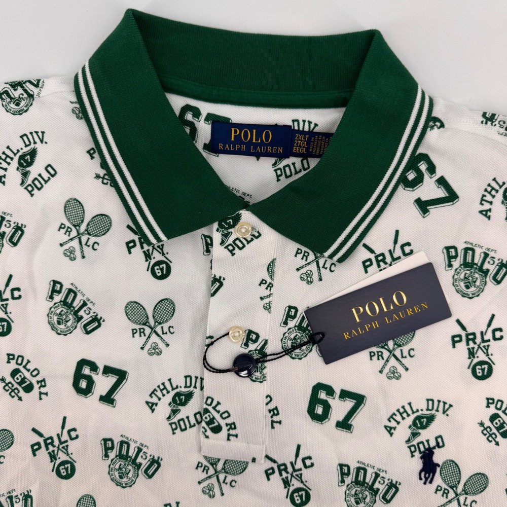 Polo Ralph Lauren Polo Shirt Mens 2XLT‎ White Green All Over Athletic Print NEW